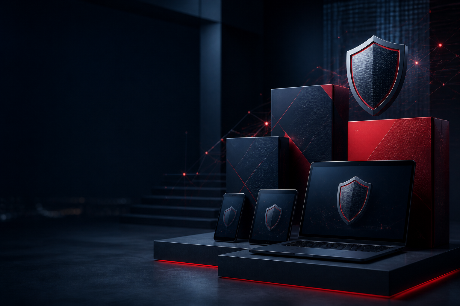 Premium cybersecurity package boxes displayed with protected digital devices